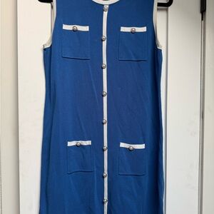 Chic Blue Sleeveless Dress with White Accents
